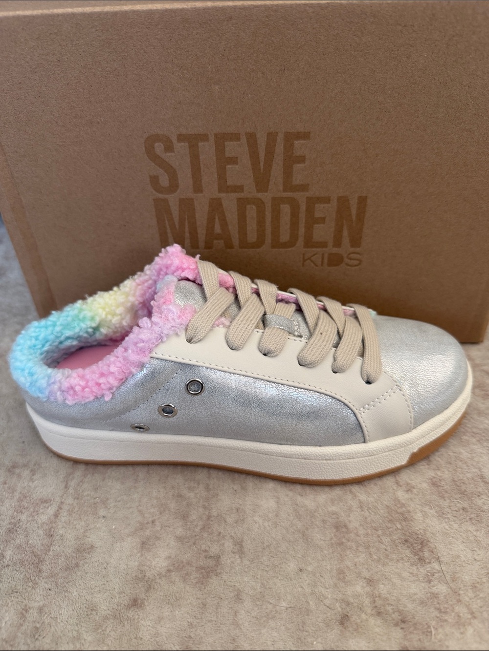 Steve Madden Kids Navi Silver Sneaker with Pastel Rainbow Sherpa Collar